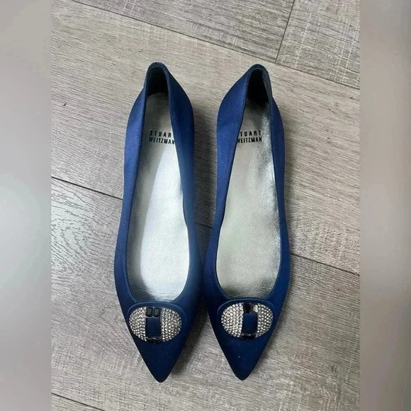 Stuart Weitzman Jewel Midnight Satin Slip On Pointy Toe Flats Like New Size 8.5 - Picture 1 of 6